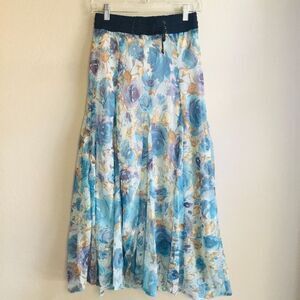Blue and multi color floaty maxi skirt with corset style elastic waist fairycore